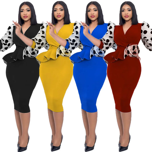African Dresses for Woman Puff Sleeve High Waist Midi Bodycon Slim Fit Robe Office Femme Wear Vestido Women Dress For Work - Women Plus Size Clothing