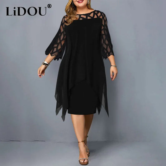 New Elegant Lace Mesh Dresses Woman Sexy Hollow Out Oversize Dress Loose Casual Vestidos De Fiesta Midi Robes Femme Women Dress For Work - Women Plus Size Cloth