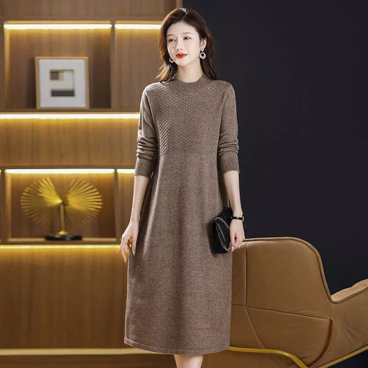 Fashion Woman Knitting Dress Long Sweater For Autumn Winter New Solid Patchwork Half High Collar Pullover Oversize Dresses Women Work Dress