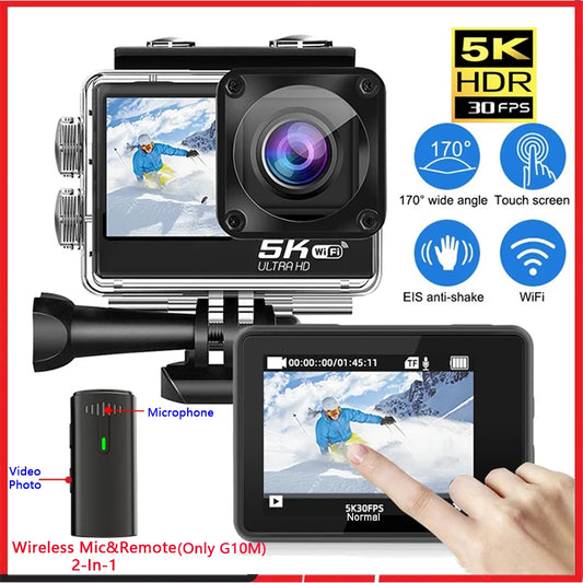 Action Camera 5K Dual Screen 170D 8X Zoom Pre Record Waterproof Sport With Sony IMX576 Lens Electronics - Wireless