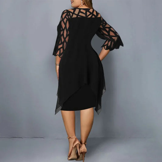 New Elegant Lace Mesh Dresses Woman Sexy Hollow Out Oversize Dress Loose Casual Vestidos De Fiesta Midi Robes Femme Women Dress For Work - Women Plus Size Cloth