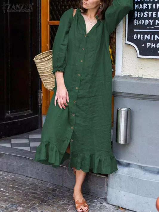 Fashion Women Ruffles Holiday Sundress ZANZEA Summer O Neck 3/4 Sleeve Midi Dress Casual Solid Buttons Down Work Vestidos Kaftan Women Dress For Work