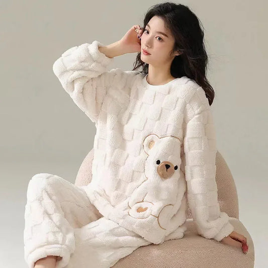 INS Japan Bear Autumn Winter Warm Flannel Women Pyjamas Sets Thick Coral Velvet Soild Fleece Sleepwear Casual Flannel Homewear women sleep