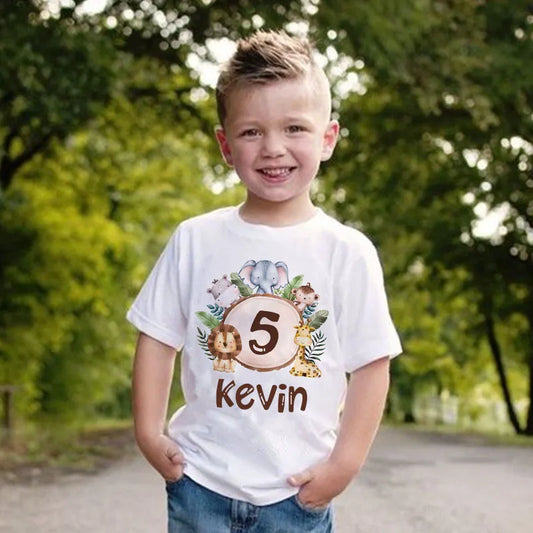 Personalized Birthday Shirt 1-9 Year T-Shirt Wild Tee Boys Birthday Party T-Shirt Wild Animal with Name Clothes Kids Gifts Tops Boys Shirt