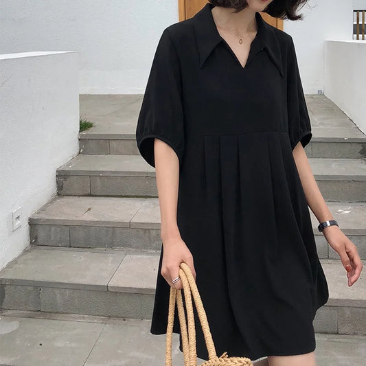 Large Size Woman 200jin Summer One-piece Dress Long A- shaped Shirt Skirt Fat mm Loose Slim-fit Hepburn Style Black Women Work Dress - Women Tops