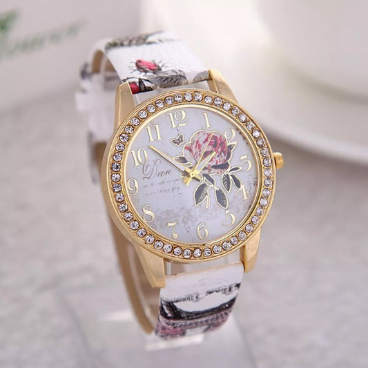 Fashion Printed Flower Luxury Quartz Leather Wrist Fashion Clocks Relogio women watch