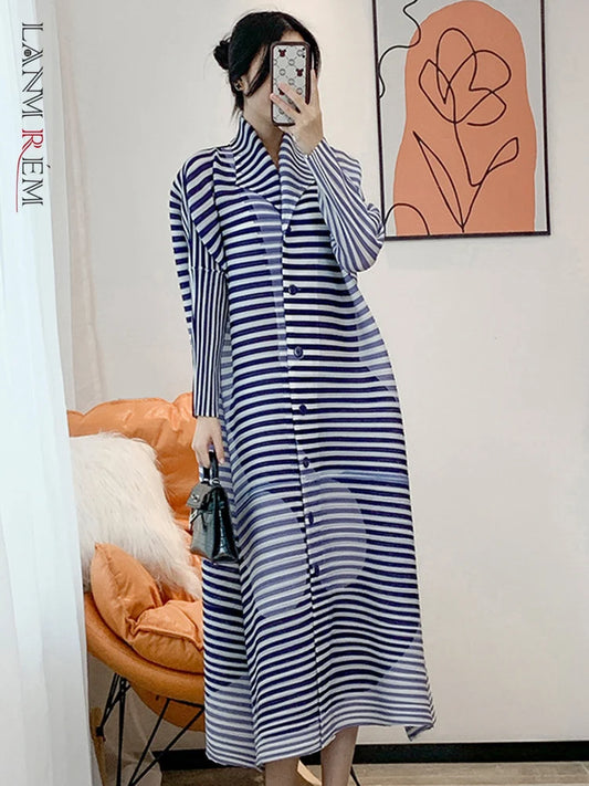 LANMREM Striped Print Contrast Color Pleated Dress For Women Lapel Long Sleeve Casual Loose Dresses Spring New Women Casual - Women Plus Size Clothing