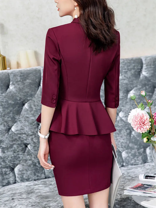 Red Skirt Suit 2 Pieces Set Fashion Business Women Suit Office Ladies Work Wear Uniform Interview Thin Blazer Half Sleeve Top Women Suiting - Women Coats