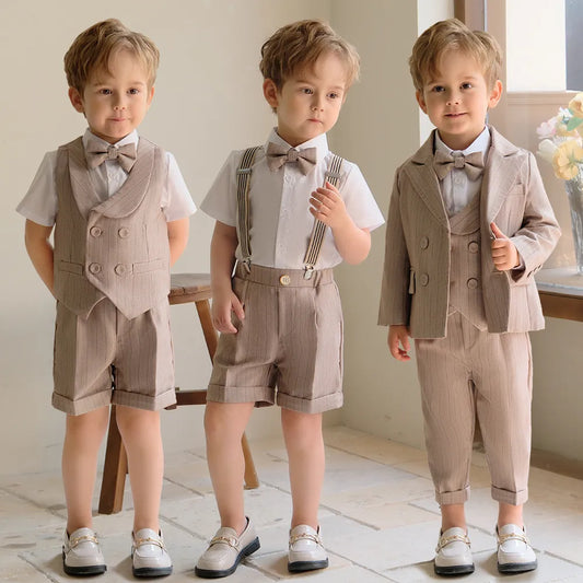 Children's Khaki Striped Suit Set Suspenders Long Shorts Vest Shirt Bowtie Clothes Kids Wedding Birthday Party Costume Boys Shirt - Boys Clothing - Boys Short - Boys Shirt