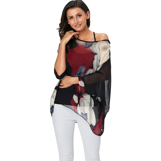 BHflutter Women Tops Off Shoulder Sexy Summer Blouses New Arrival Color Spliced Casual Loose Chiffon Shirts Women Tops & Tees