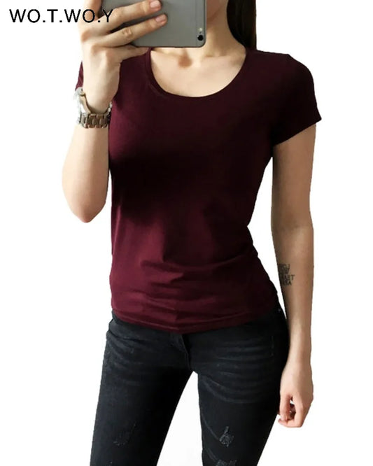 High Quality 21 Candy Color Cotton Basic T-shirt Casual O-neck Female T-Shirt For Woman Sleeve Female Tops 001 women short