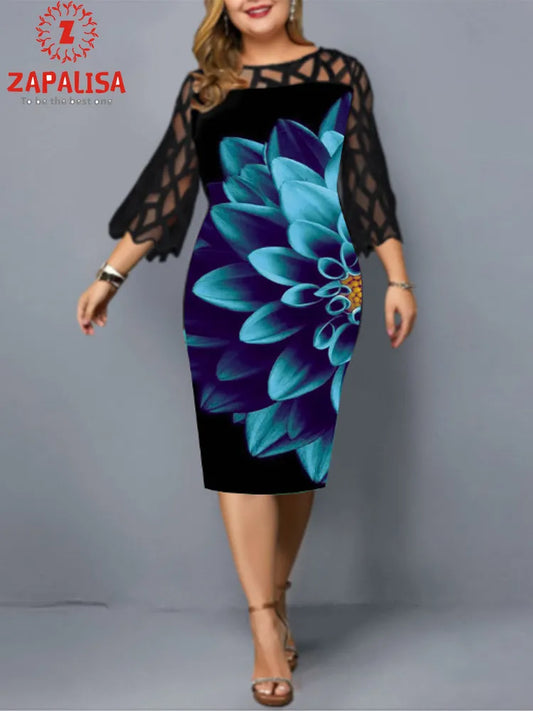 Women Plus Size Cloth Elegant Print Pencil for Office Lady Patchwork Design Lace Decor O-Neck Flare Sleeve Mid Waist Slim Hips Women Work Dress