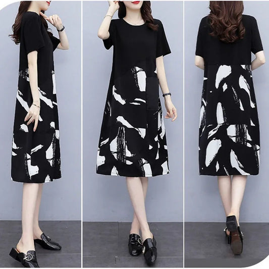 Crew Neck Printing Dress Female Summer New Coat Fat Mom Show Thin Age Reduction Woman Autumn Splicing Bottoming Dress Women Casual - Women Tops