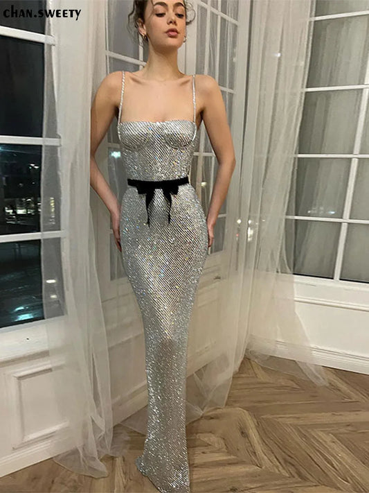 Sexy Sequin Sling Silver Maxi Dress Fashion High Waist Sleeveless Bodycon Robe Female Evening Prom Party Vestidos women prom