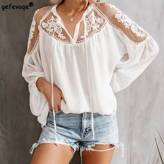 Summer Solid Color Chiffon Sexy Shirts Loose V-neck Lace Hollow Out Embroidery Blouses Korean Fashion Women Tops - Women Prom - Women Casual
