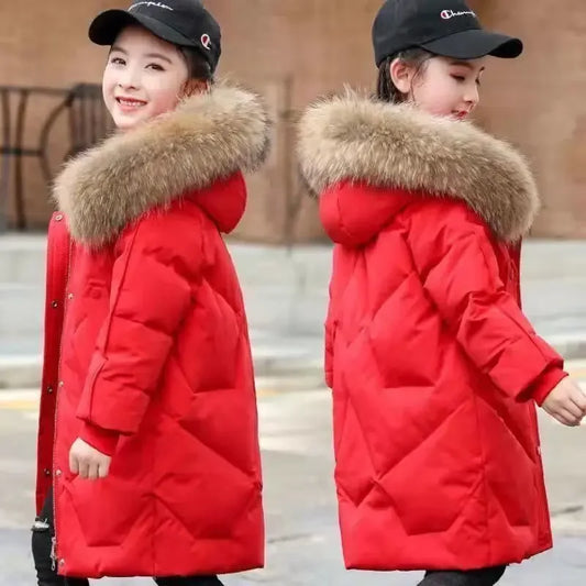 Winter Keep Warm 3-14 Years Old Long Style Big Fur Collar Detachable Hat Hooded Heavy Coat For Kids girl jacket