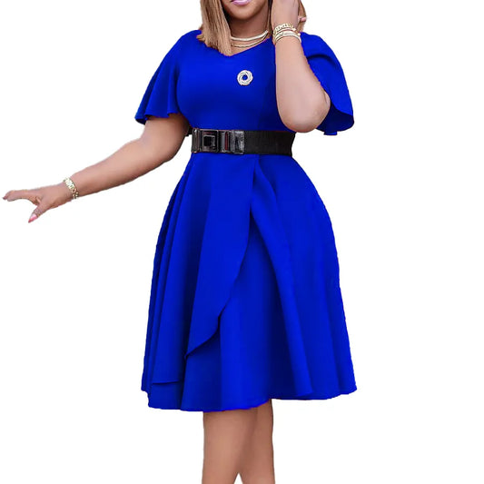 Elegant Solid Color Plus Size European And American Party Dress Summer OL Style Flared Sleeves High Waist Belted Large Hem A-Li Women Short - Women Dress For Work