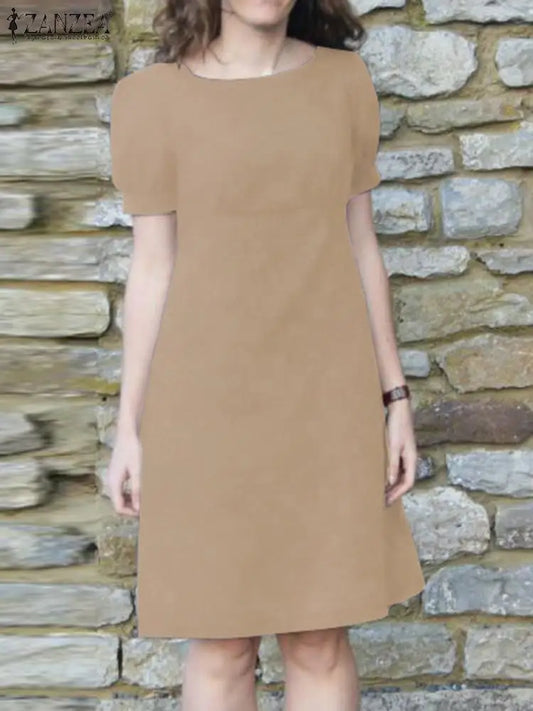 Elegant Woman Short Sleeve Solid Work Sundress ZANZEA Fashion Office Party Knee-length Casual Holiday Vestido Kaftan Women Casual - Women Work Dress - Women Tops