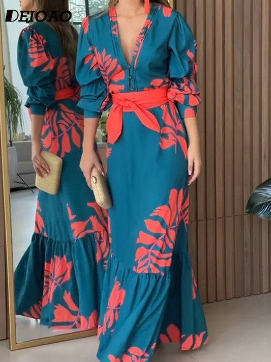 Deioao Sexy Elegant Long Dress Robes For Woman V Neck Long Sleeve Loose Flower Laceup Fashion Travel Women Plus Size Clothing - Women Casual - Women Prom