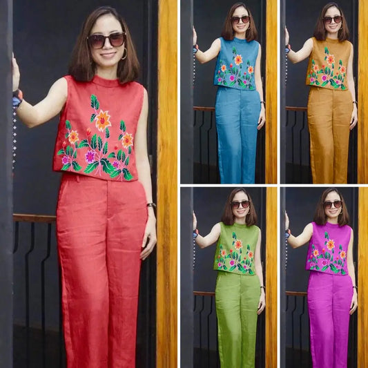 2 Pcs/Set Summer T-shirt Pants Set Beautiful O Neck T-shirt Pants Set Wide Leg Women Tank Top Trousers Set Women Clothes Women Casual