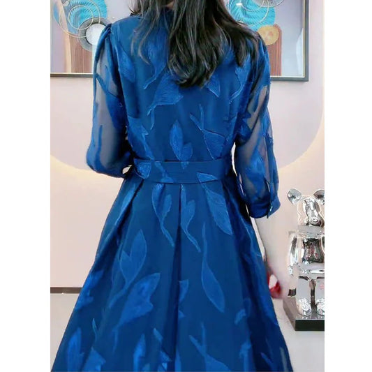 Elegant Fashion V Neck Lace Bandage Sexy Sheer Mesh Embroidery Party Dresses for Woman Chic Ruffle Blue Slim Midi Dress Vestidos Women Prom