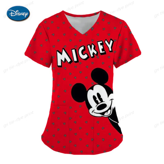 Disney Mickey Minnie Women's Nurse Uniform Scrub Top Cartoon Print Clinic Nursing Protective Nurse Uniform Shirt women short - women casual - women prom - girl short