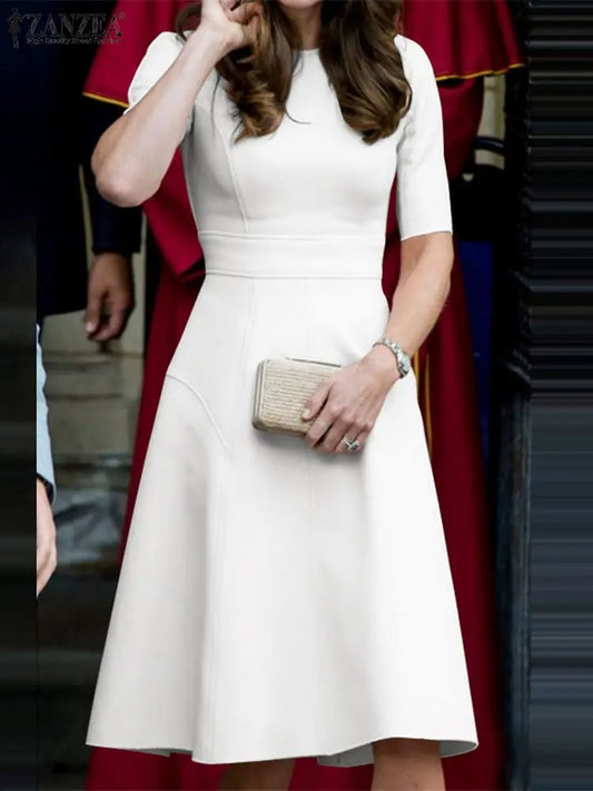 ZANZEA Elegant Woman Party A-line Dress Summer O Neck Short Sleeve Solid Knee-length Sundress Fashion Office Lady Vestido Robe - Women Casual - Women Dress For Work - Women Plus Size Clothing