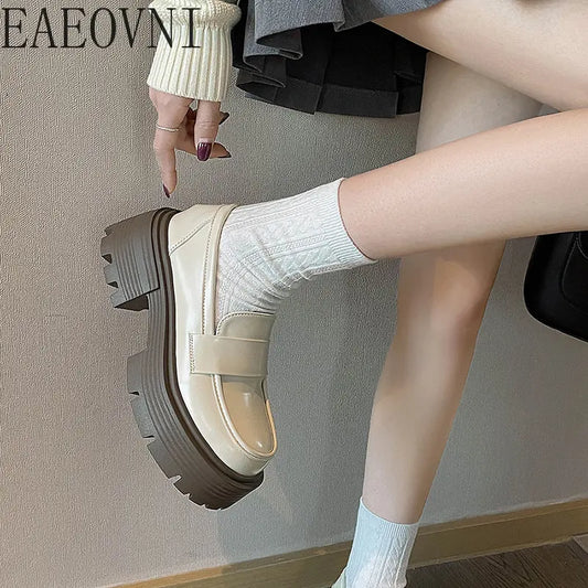 Chunky Loafers Spring Women Japanese Style Slip-On Black Single Pumps Fashion Thick Sole Heel Girls Shoes