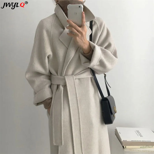 Autumn Winter Warm Mid Length Wool Blend Streetwear Coat Korean Fashion Loose Belt Snow Wear Outwear All-match Cardigan Women Vests