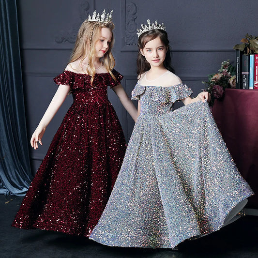 Girl's Western Style Evening Dress Flower Girl Sequined Catwalk Host Piano Performance Princess Dress