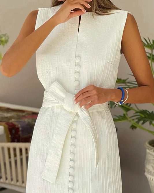 Sleeveless Buttoned Slit Work Dress O Neck High Waist Solid Color Spring Summer Women Mini Dress Women Casual - Women Tees - Women Short - Women Prom
