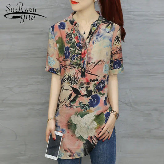 Fashion Chiffon Women's Clothing Short Sleeve Loose LooseWomen Shirt Blouse V-neck Printing Blusas D532 30 Women Tops