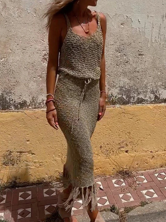 Two Piece Sets Knitted Camisole Blouse Tassel Skirts Woman Sexy See Through Summer Mesh Beach Dress Suits Hollow Out Sling Women Tops