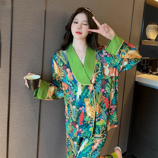 QSROCIO Fashion Imitation Silk pajamas Spring Autumn Long Sleeve Bird Beast Pattern Loose Large women casual