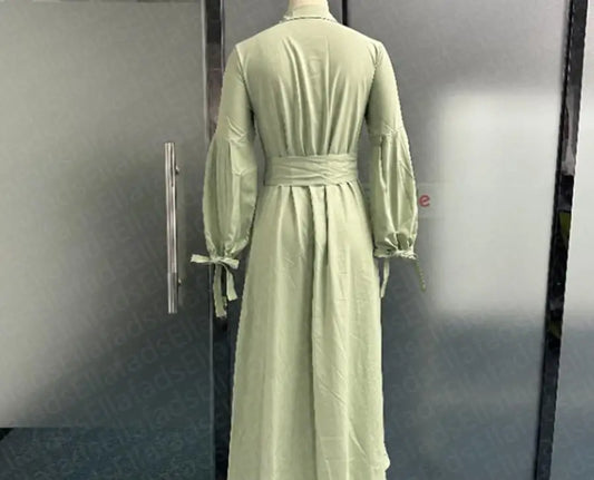 Summer Dresses Elegant Office Ladies Clothing Work Lantern Sleeve Ruffle Hem Pocket Design Asymmetrical Women's Plain Maxi Dress