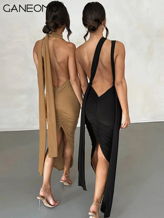 Elegant Halter Backless Bodycon Maxi Dress Woman Sexy Evening Party Beach Hollow Out Long Dresses Summer Black White women prom - women contemporary