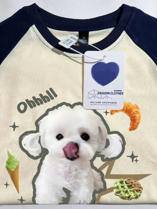 American style raglan cute dog pattern t-shirt couple style fashionable summer loose design splicing short sleeves girl short - girl tops