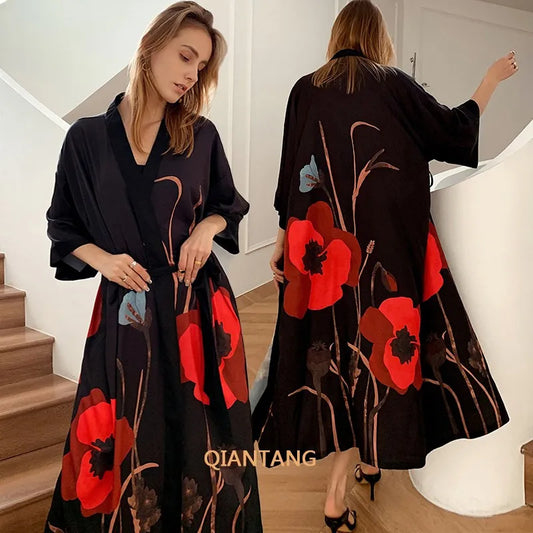 Oversize Print Pajamas Nighties Women's Kimono Gown Robe Long Sleeve Bathrobe Loose Spring Nightwear Home Clothes Women Sleep
