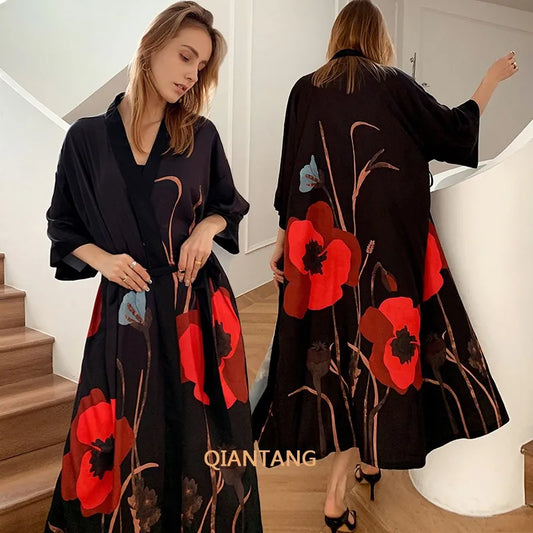 Oversize Print Pajamas Nighties Womens Kimono Gown Robe Long Sleeve Bathrobe Loose Lounge Lingerie Spring Nightwear Home Clothes