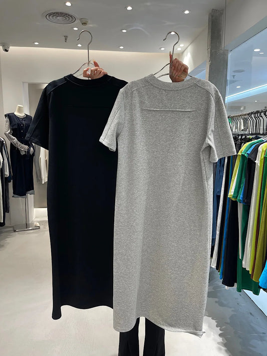 Woman Dresses Cotton Round Collar Fake Pocket Long Over-the-knee T-shirt Female Summer Dress Vestidos Mujer Party Women Casual