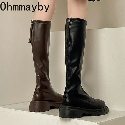 Thigh High Women's Boots Fashion Soft Leather Knee High Boots Female Square Heel Autumn Winter Girl's Boots Women Girls Shoes