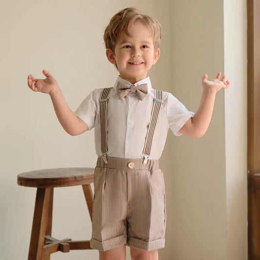 Children's Khaki Striped Suit Set Suspenders Long Shorts Vest Shirt Bowtie Clothes Kids Wedding Birthday Party Costume Boys Shirt - Boys Clothing - Boys Short - Boys Shirt
