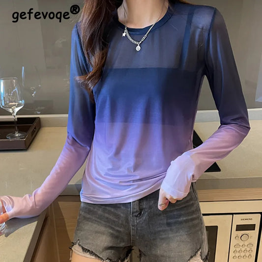 Gradient Elegant Sexy Mesh See Through O Neck Long Sleeve Basic Tee T-Shirts Femmes Fashion Slim Women Clothing Women Casual - Women Tops - Women Short