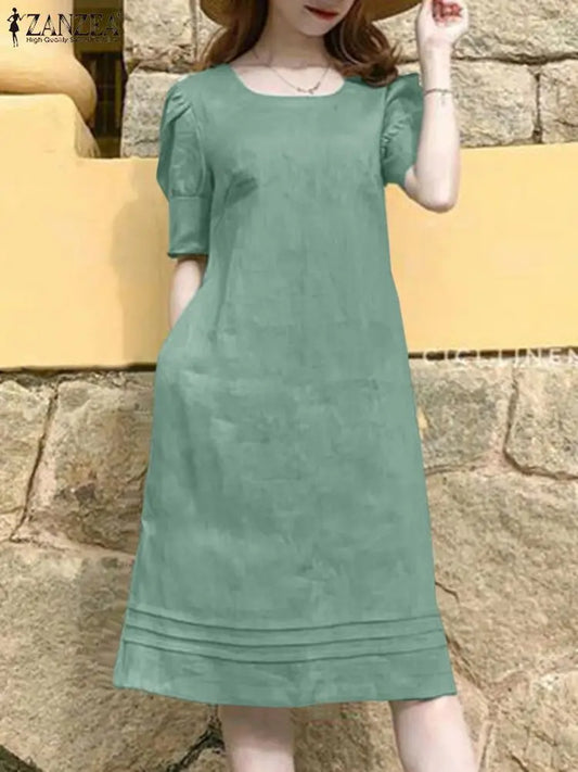 Woman Summer Dress Fashion O Neck Holiday Sundress ZANZEA Elegant Cotton Dresses Femme Short Sleeve Vestidos Party Robe Women Dress For Work - Women Plus Size Clothing