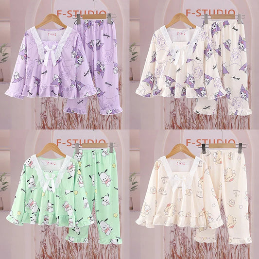 Miniso New Kawaii Kids Sleepwear Anime Kuromi Pochacco Cinnamoroll Children's Pajamas Girl Pijama Spring Loungewear Home Clothes Girls Sleepwear