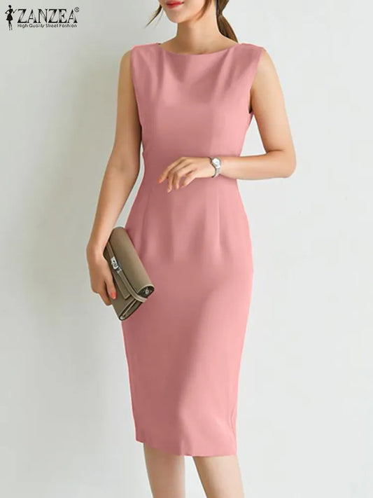 Elegant Office Lady Sleeveless Sundress Summer OL Work Midi Dress Fashion Solid Body corn Vestido Sarafans Robe Women Dress For Work