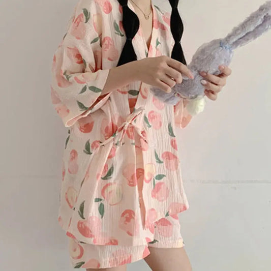 Pink Pajama Sets Women Sweet Casual Simple Design Stylish Japanese Style Lace-up Print Summer Home Wear Cozy Breathable women lounge