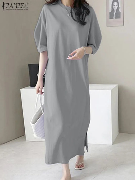 ZANZEA Oversize Summer Maxi Long Woman Holiday Sundress Casual Short Puff Sleeve Work Vestidos Female O Neck Robe Femme Women Work Dress