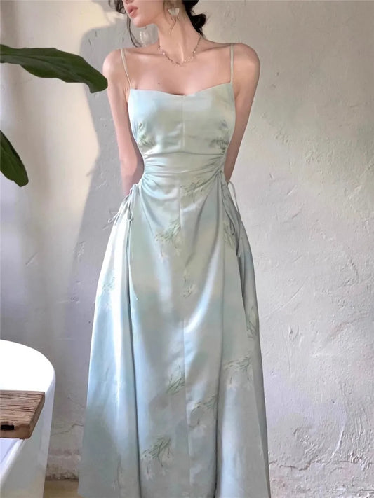 Spaghetti Strap Dress Woman Summer New Sexy Evening Party Elegant Holiday Fashion Korean Slim Clothes Satin Dresses women prom - women contemporary