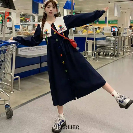 Plus Size 5XL 150kg Spring Sweet Dress Woman Big Collar Long Sleeve Long Dress Big Size Women Clothing Women Casual - Women Plus Size Clothing